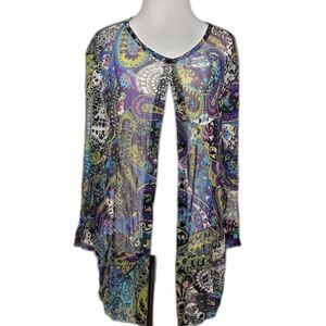 Vintage Silk Mesh Blouse Paisley Retro Whimsygoth Sheer Black Purple Green L